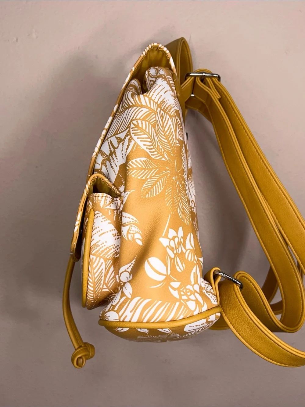 New Mustard Yellow Tropical Floral Print Small Backpack Purse Vegan Faux Leather